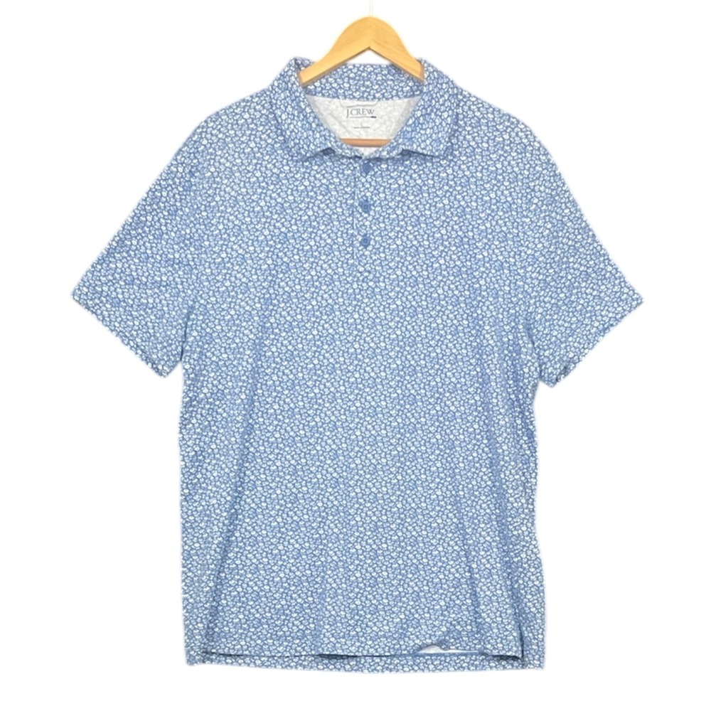 J Crew Polo Oarsman Shirt Large Blue Floral Short Sleeve Preppy Stretch Resort